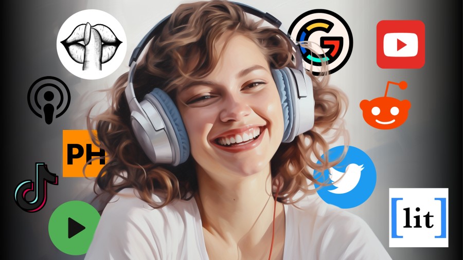 Young woman listening to free audio erotica in headphones. Surrounded by logos of sites providing free audio erotica
